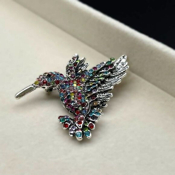 Silver with Multicolored Crystal Flying Hummingbird Pin Back Brooch - Picture 5 of 7
